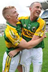 Kieran Donaghy and Tommy Walsh celebrate the All-Ireland Qualifier win over Monaghan in 2008